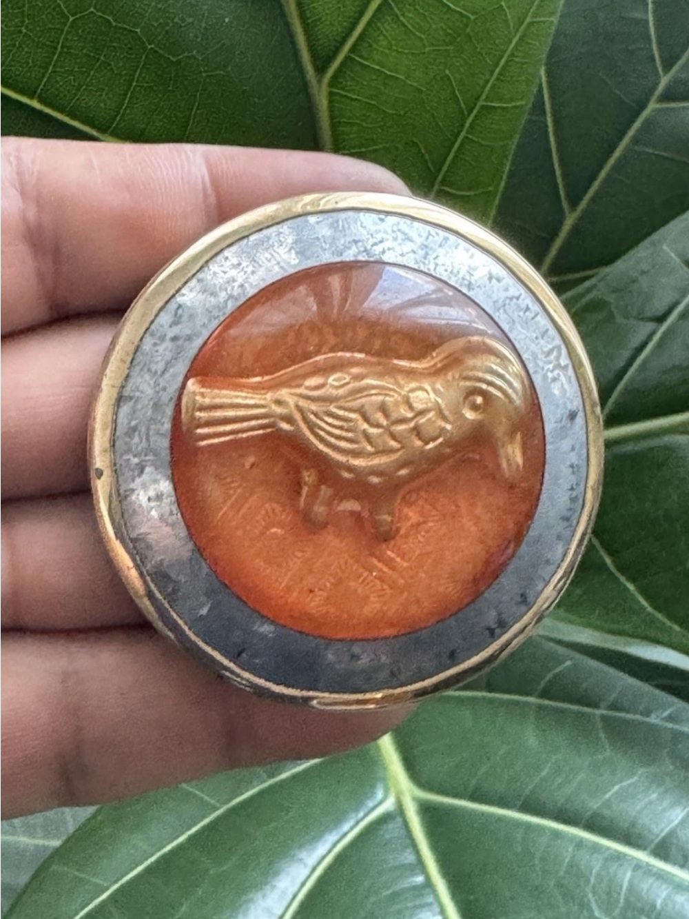 Vintage & Handmade Enameled Amber Tone Bird Art Brass Trinket Jewelry Box 2”inch